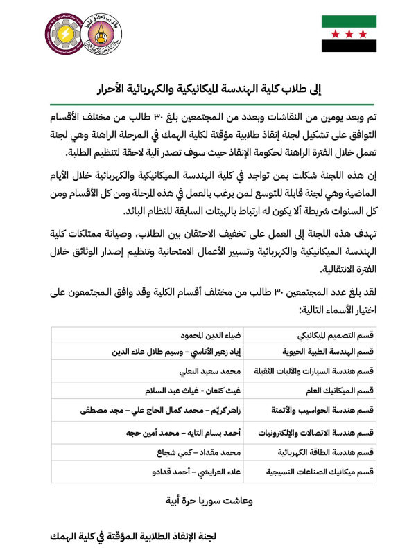 تشكيل لجنة الإنقاذ الطلابية المؤقتة في كلية الهندسة الميكانيكية والكهربائية